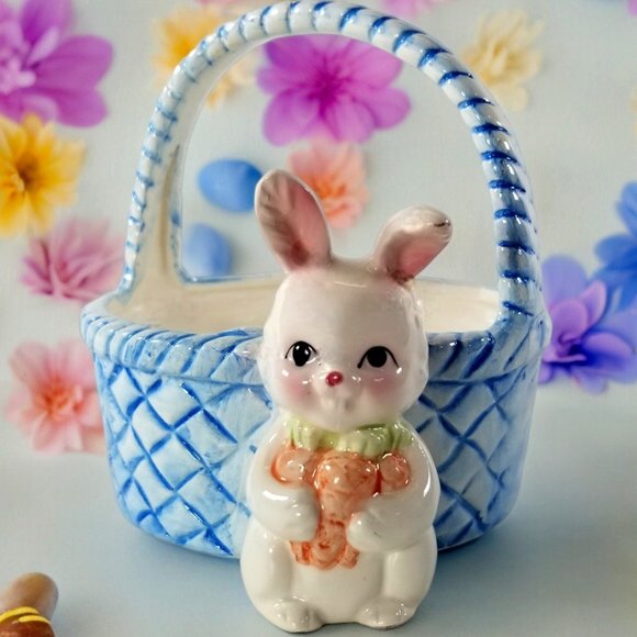 Cute Easter Bunny and Blue Basket Ceramic Perfect for Easter Holiday's Sweet - Picture 1 of 12